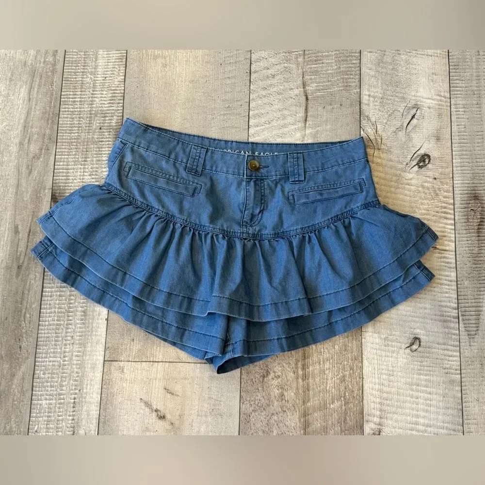 American Eagle Blue‎ Denim Tiered Ruffle Skort Medium Wash Womens Size 10